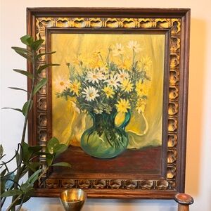 Vintage floral still life oil painting -daisies